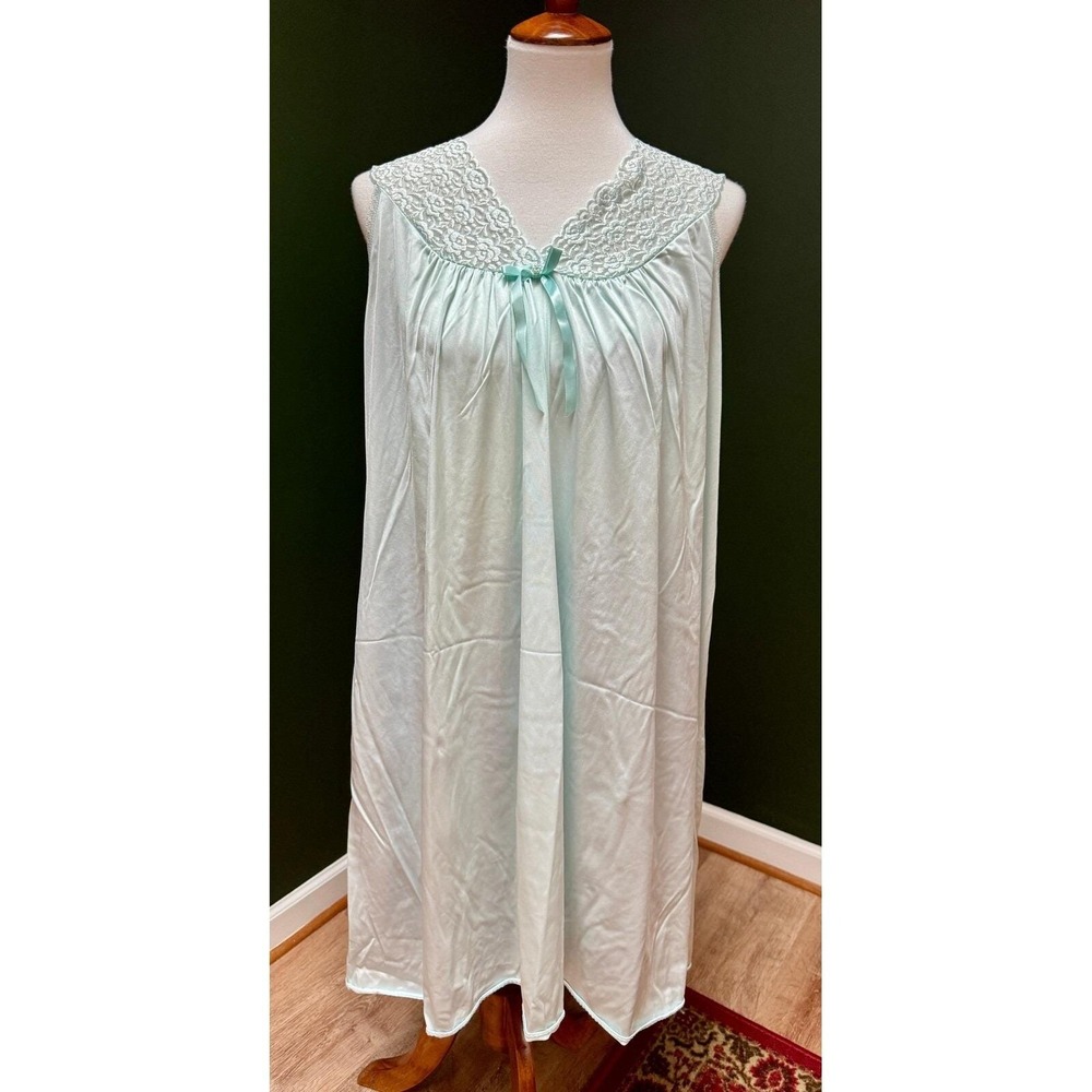 Vintage Vanity‎ Fair Lace Trim Sleeveless Lingerie Dress Aqua Blue Size L